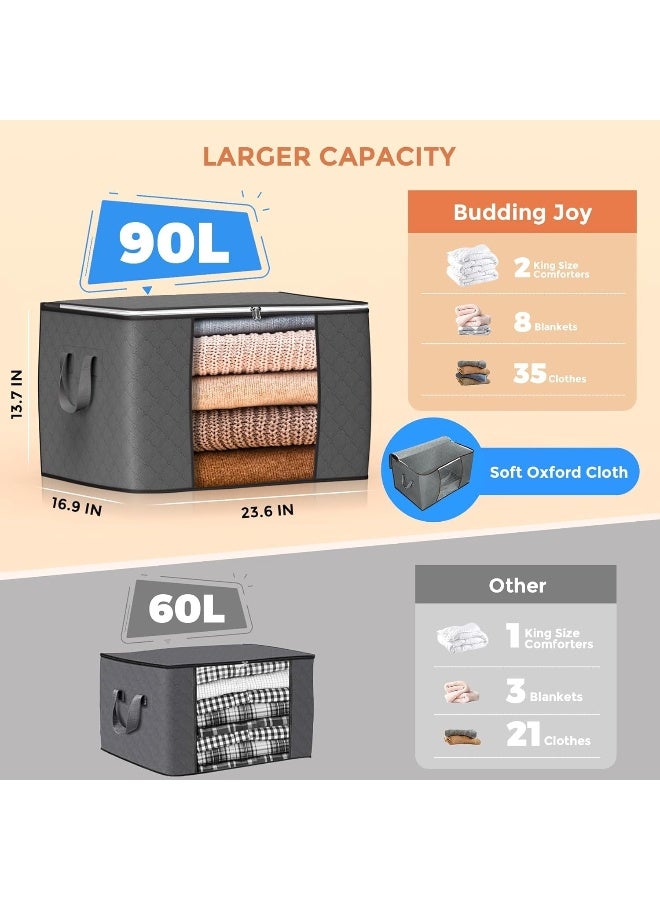 Budding Joy 90 L Large Storage Bags, 6 Pack Clothes Storage Bins Foldable Closet Organizers Storage Containers with Reinforced Handle for Clothing, Blanket, Comforters, Bed Sheets, Pillows and Toys (Gray) - Image 2